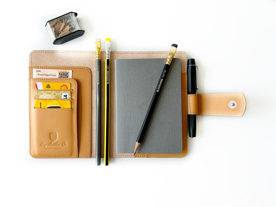 Aged natural leather A6 journal cover by Eng Leather Co. with a smooth, rustic finish and subtle stitching details.