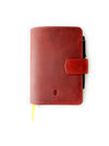 A6 leather journal cover by Eng Leather Co. in flat burgundy with smooth leather and stitched edges.