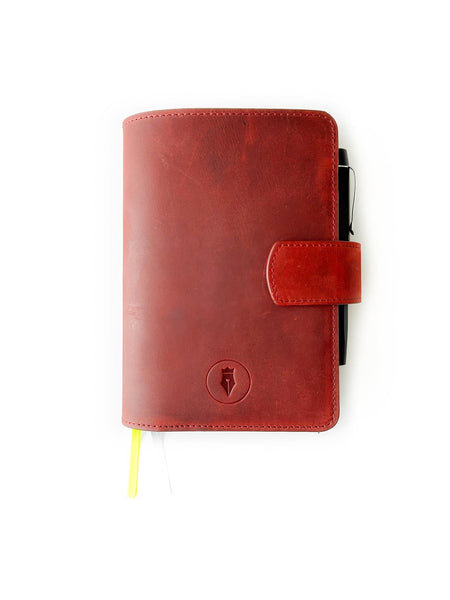 A6 leather journal cover by Eng Leather Co. in flat burgundy with smooth leather and stitched edges.