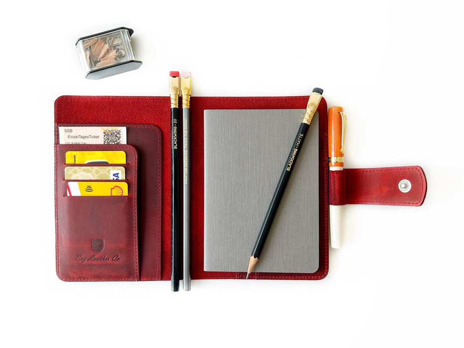 A6 leather notebook cover in rich burgundy with a smooth finish, designed by Eng Leather Co. for stylish journal protection.