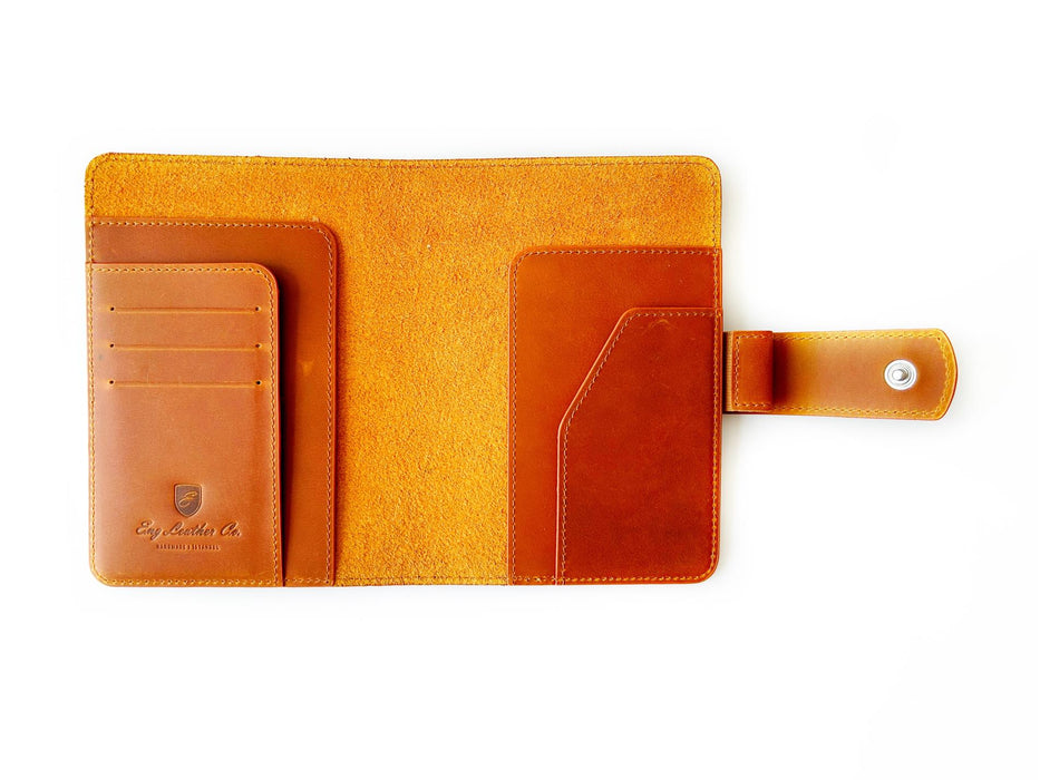 A6 leather journal cover in Crazy Horse brown by Eng Leather Co., featuring smooth leather and sturdy design.