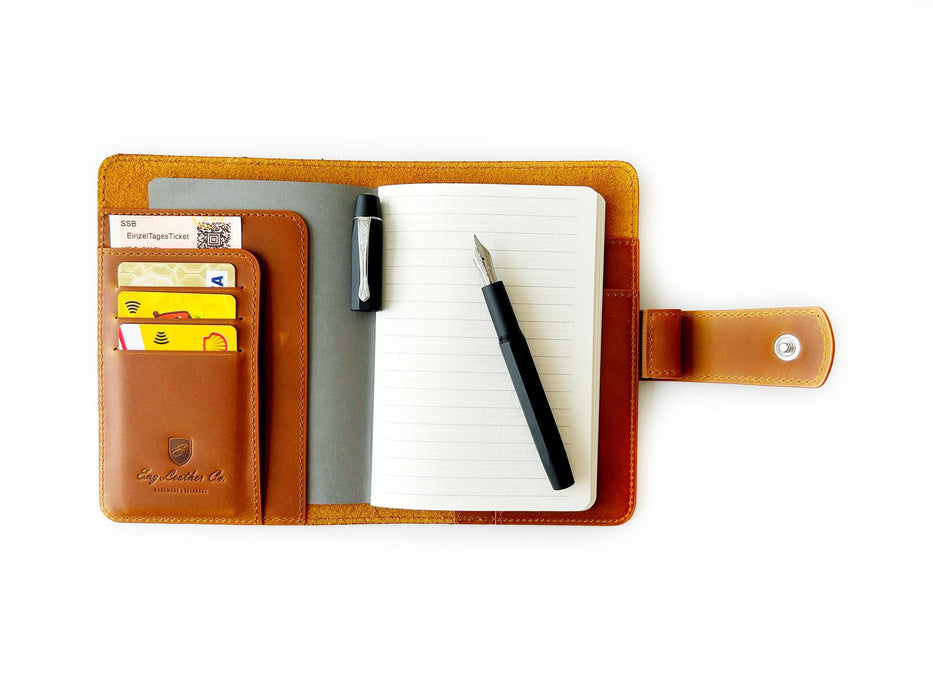 A6 size leather journal cover by Eng Leather Co. in Crazy Horse brown leather with natural textured finish.