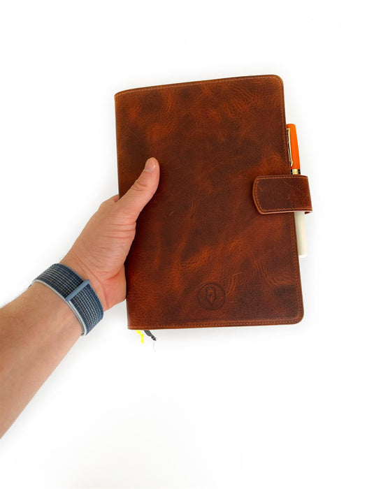 A6 leather journal cover in dark Toscano leather by Eng Leather Co. with textured, premium leather finish and snug fit for A6 notebooks.
