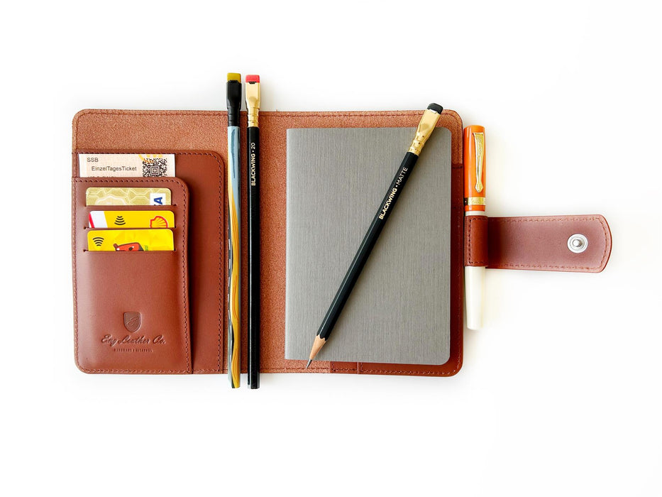 A6 leather journal cover in English tan from Eng Leather Co., featuring smooth leather and crafted for a stylish, durable look.
