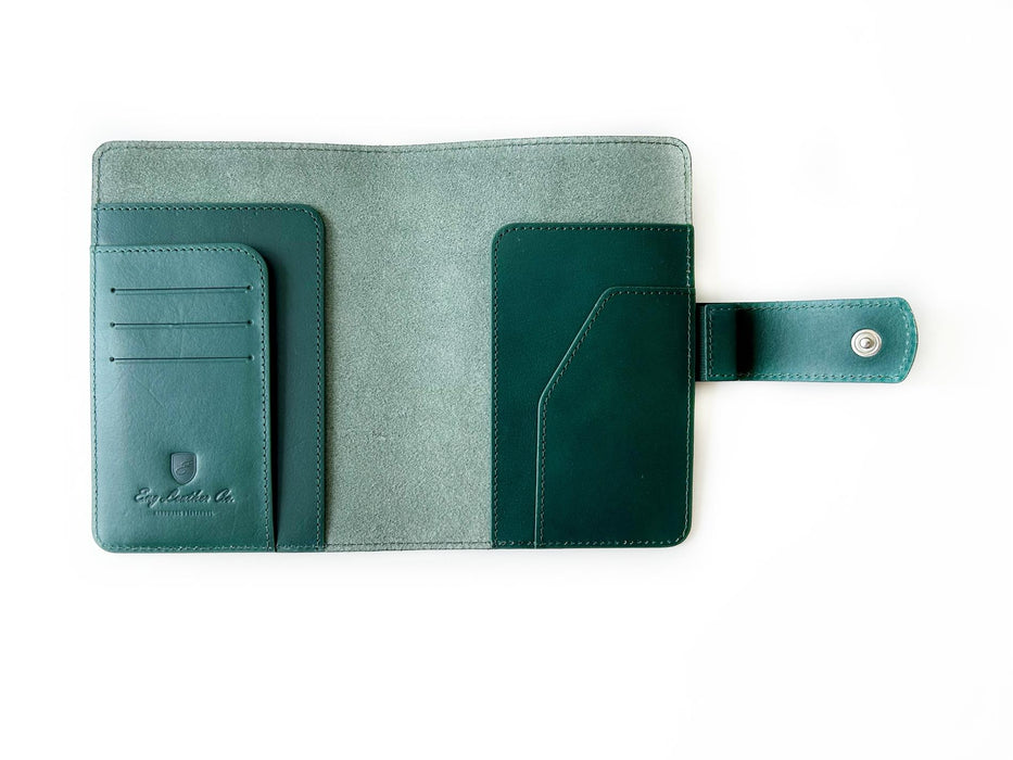 A6 leather journal cover in Northern Green by Eng Leather Co., featuring a smooth leather exterior and secure closure.