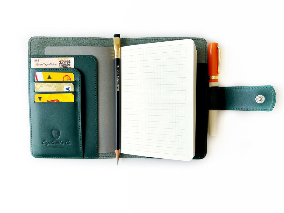 Eng Leather Co. A6 leather journal cover in Northern Green, stylish protective cover for notebooks or journals.