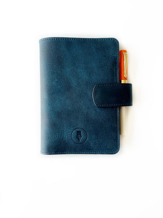 Eng Leather Co. A6 leather journal cover in ocean blue, showcasing a smooth, stylish leather cover with stitching details.