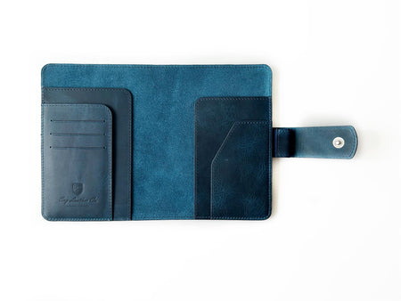 Eng Leather Co. A6 leather journal cover in ocean blue, featuring a sleek and durable design for protecting your notebook.