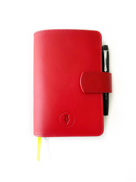 Eng Leather Co. A6 leather journal cover in vibrant ruby red, with smooth texture and secure closure for stylish protection.