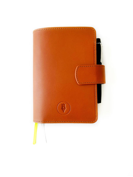 Eng Leather Co. A6 leather journal cover in sunrise orange with a sleek, minimalist design and smooth texture.