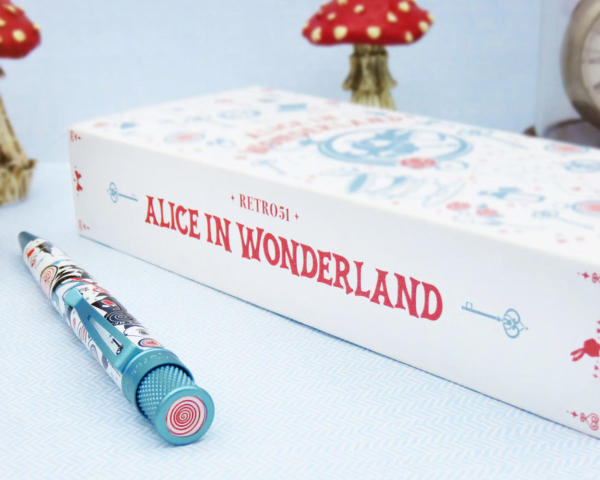 Retro 51 Alice in Wonderland Tornado rollerball pen with whimsical literary-themed design on a sleek black barrel.