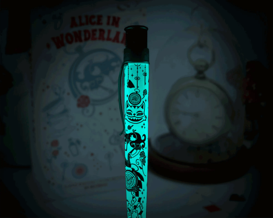 Retro 51 Alice in Wonderland Tornado rollerball pen with whimsical literary design on a sleek metal body.