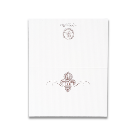 Elegant Alexa Pulitzer Baroque Fleur de Lis place cards featuring intricate gold design on white cardstock.