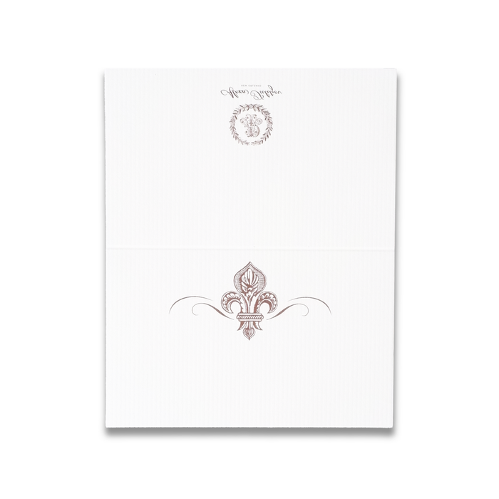 Elegant Alexa Pulitzer Baroque Fleur de Lis place cards featuring intricate gold design on white cardstock.