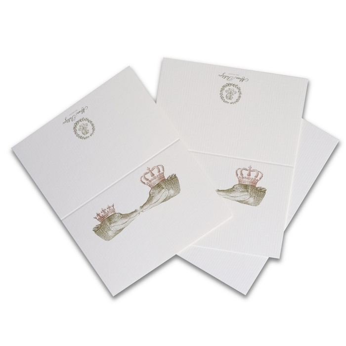 Alexa Pulitzer Kissing Gator place cards featuring whimsical gator illustrations on elegant paper for special events.