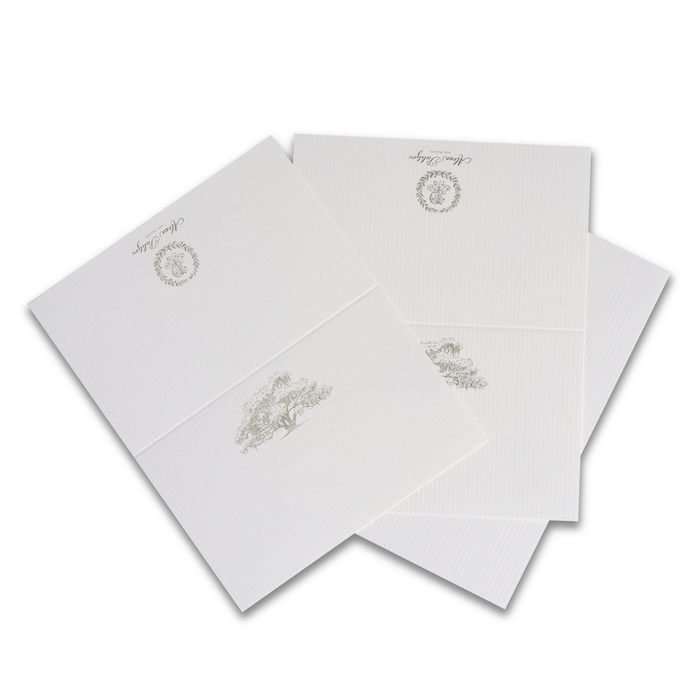 Alexa Pulitzer oak tree place cards featuring elegant tree designs, perfect for wedding or event table settings.