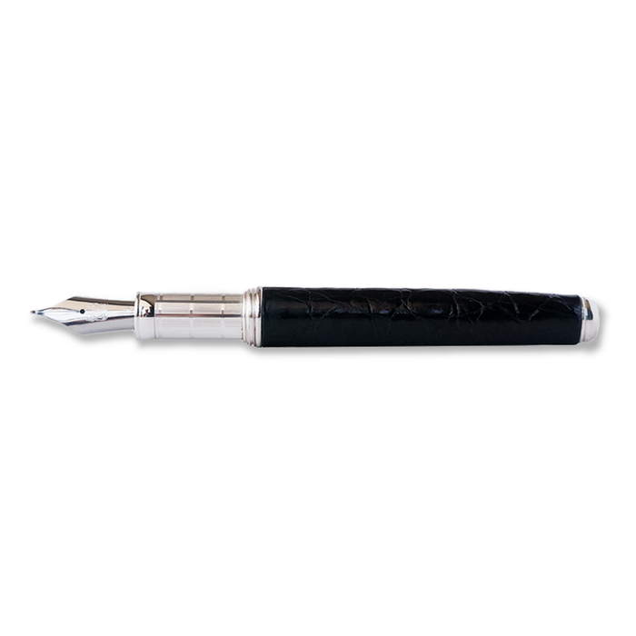 Black Grifos Cocodrie fountain pen with alligator leather finish, featuring a sleek design and gold accents.