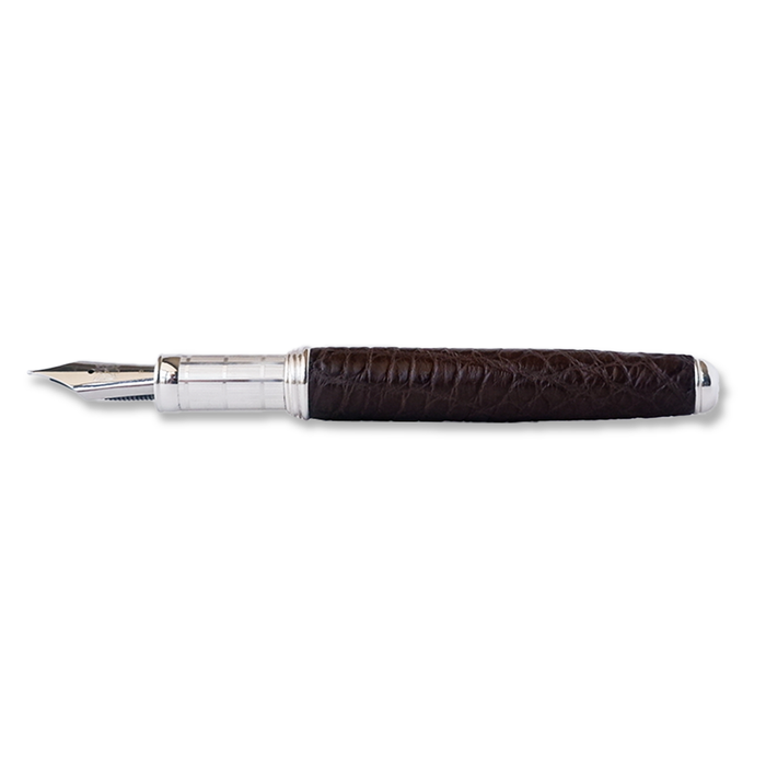 Brown Grifos Cocodrie fountain pen with alligator leather texture and elegant design, showcasing intricate details of the pen's body.