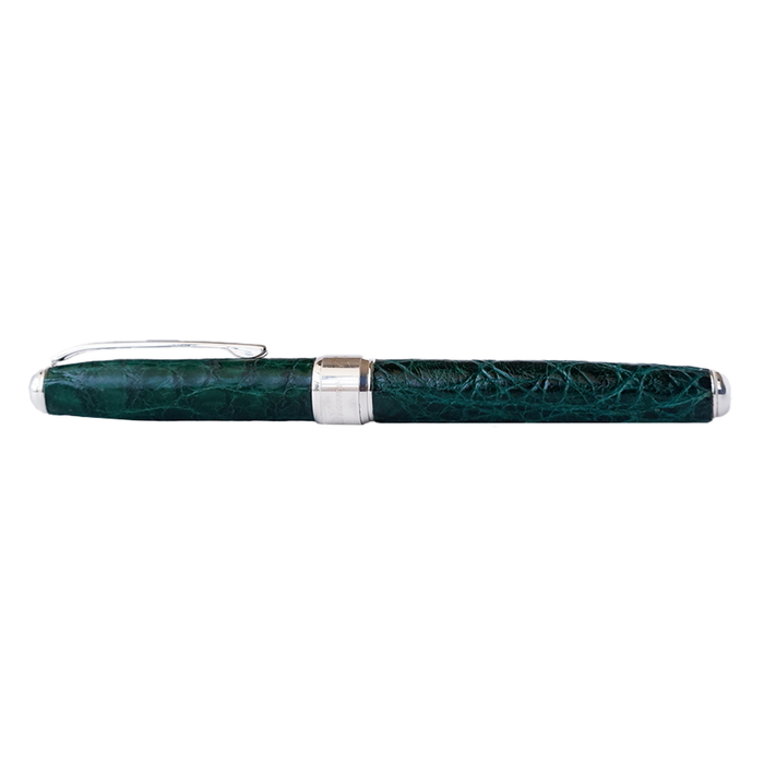 Green Grifos Cocodrie fountain pen with alligator leather finish, featuring a sleek design and gold accents.