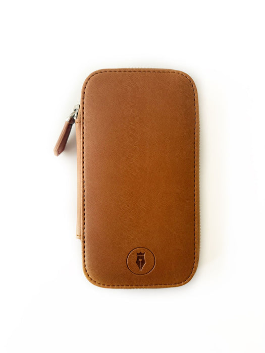 Eng Leather Co. vegan camel leather pen case with three slots, designed to hold writing instruments neatly.