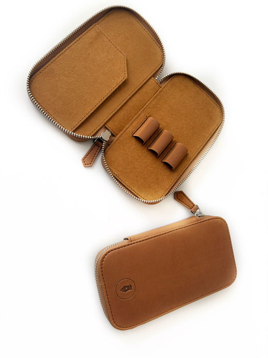 Eng Leather Co. vegan camel leather pen case with three slots, designed for storing pens and writing instruments.