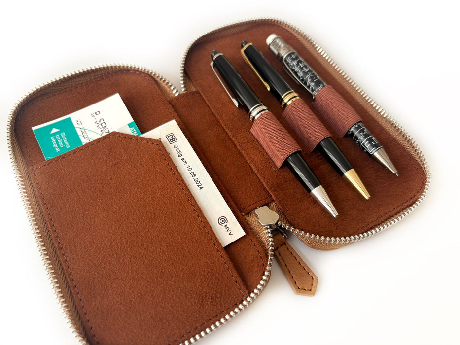 Eng Leather Co. vegan camel leather pen case with three slots, designed for stylish organization of writing instruments.