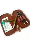 Vegan camel leather Eng Leather Co. 3-slot pen case with sleek design and secure slots for organizing writing pens.