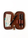 Eng Leather Co. vegan camel leather pen case with three slots, designed for stylish organization of writing instruments.