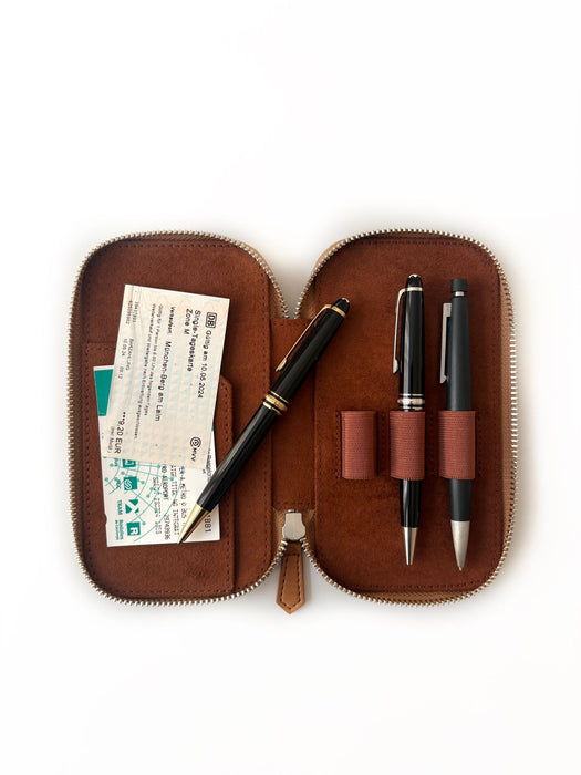 Eng Leather Co. vegan camel leather pen case with three slots, designed for stylish organization of writing instruments.