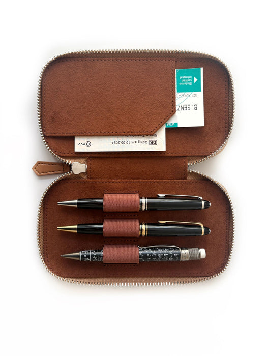 Eng Leather Co. vegan camel leather 3-slot pen case with sleek design, perfect for organizing and carrying pens.