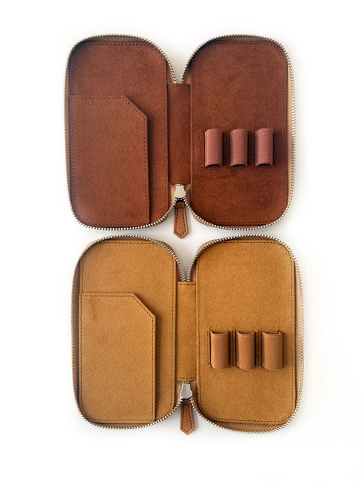 Eng Leather Co. vegan camel leather 3-slot pen case with sleek design and multiple compartments for writing instruments.