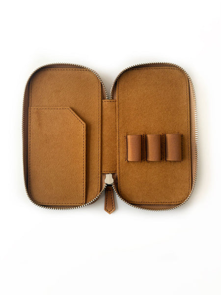 Vegan camel leather 3-slot pen case by Eng Leather Co. with textured surface and secure slot openings.