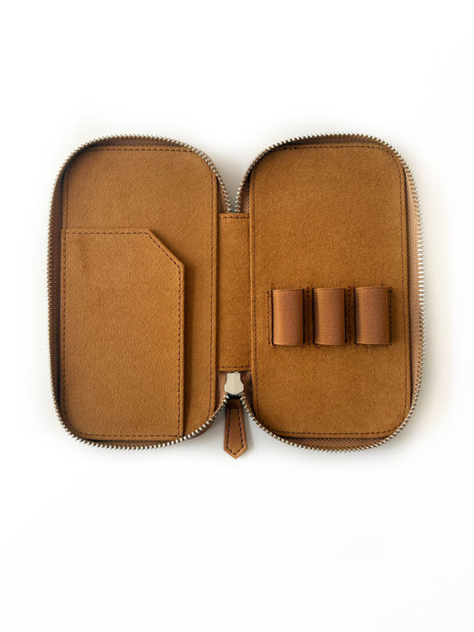 Vegan camel leather 3-slot pen case by Eng Leather Co. with textured surface and secure slot openings.