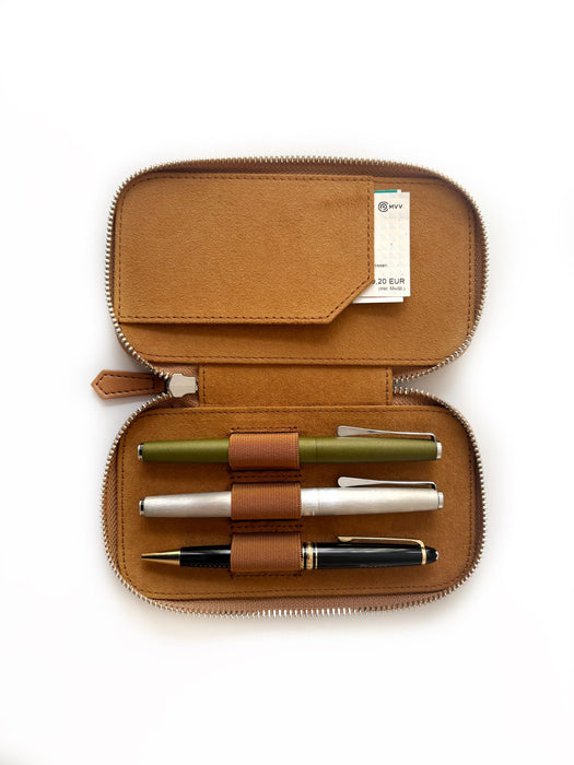 Eng Leather Co. vegan camel leather 3-slot pen case with sleek design, perfect for organizing pens and writing instruments.
