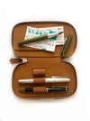 Eng Leather Co. vegan camel leather 3-slot pen case with sleek design and secure closures, ideal for organizing writing instruments.