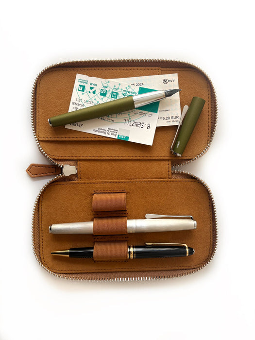 Eng Leather Co. vegan camel leather 3-slot pen case with sleek design and secure closures, ideal for organizing writing instruments.