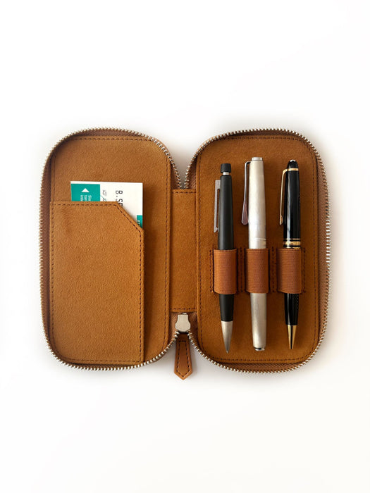 Eng Leather Co. vegan camel leather pen case with three slots, designed for stylish and organized pen storage.
