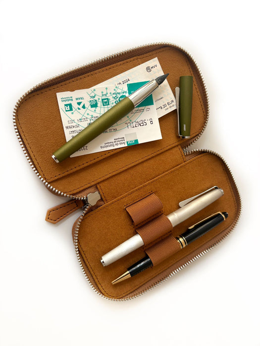 Eng Leather Co. vegan camel 3-slot pen case, showing smooth leather exterior with three organized pen compartments.