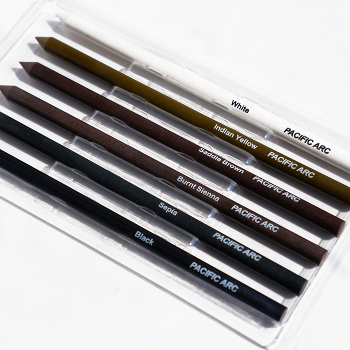 Pacific Arc Art Colors 5.6mm art lead pencil, shown in a close-up with colorful lead and brand logo.
