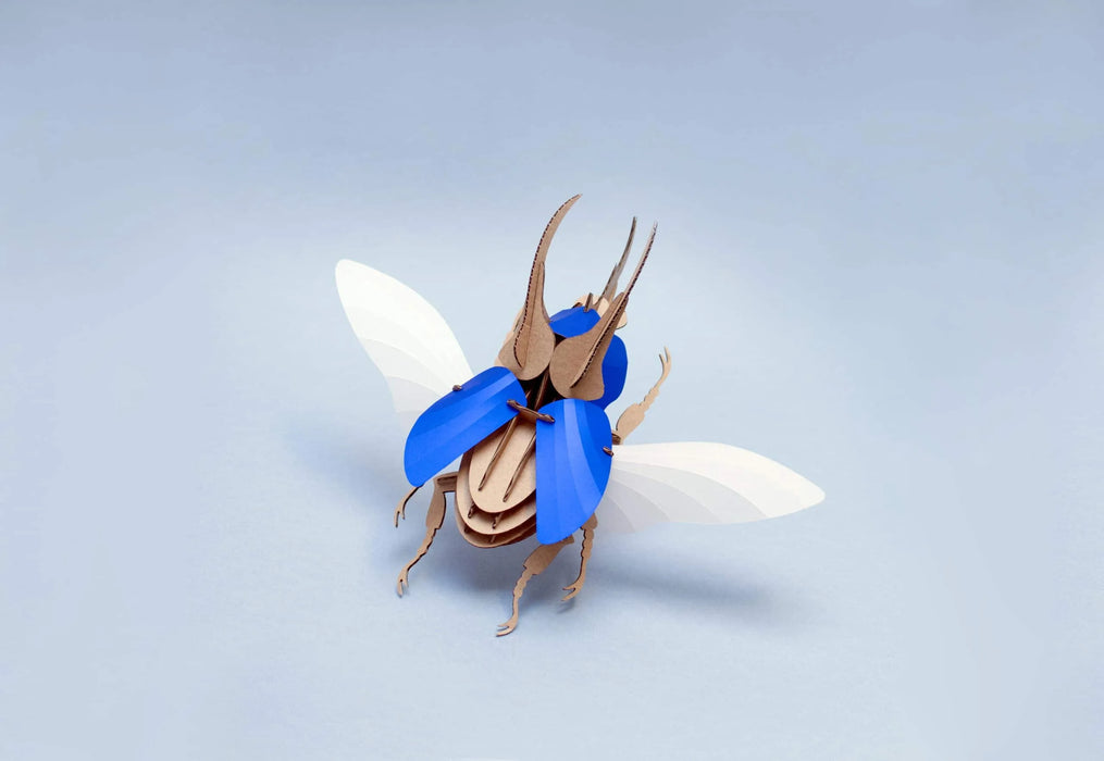 Blue scaled Paper Atlas Beetle craft by Assembli, featuring detailed paper wings and large insect design.