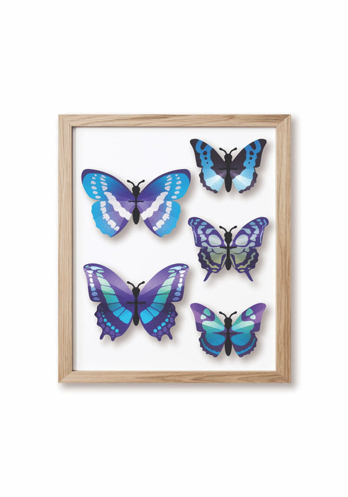 Set of five blue paper butterflies for crafts, created by Assembli, displayed with detailed blue frames.