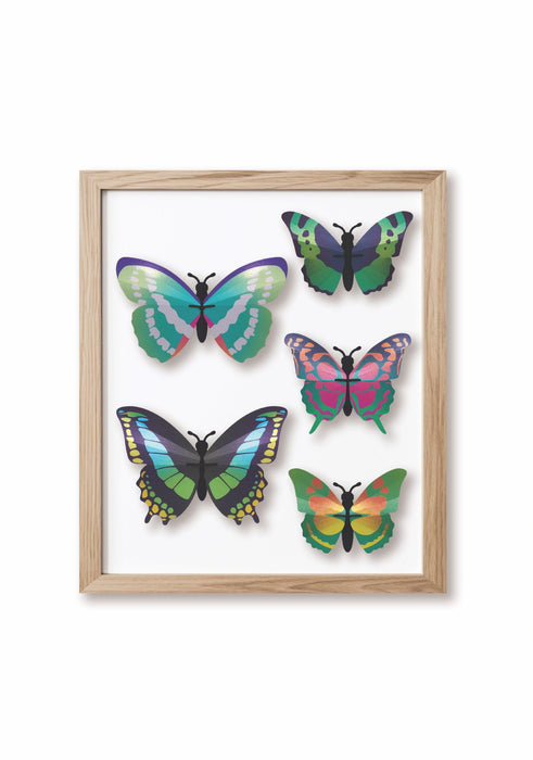 Set of five green paper butterflies for crafts by Assembli, with detailed butterfly shapes and vibrant green frames.