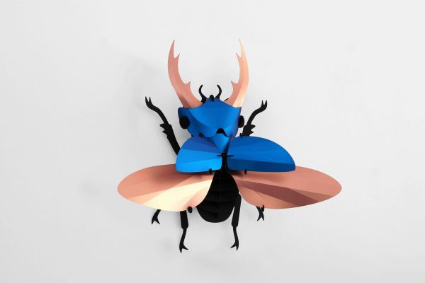 Assembli Paper Giant Stag Beetle in blue, detailed craft model with textured wings and antenna, assembled for display.