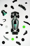 Assembli Paper Race Car craft with silver carbon-colored parts, showcasing assembled racing car model for creative crafting.