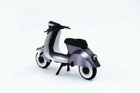Assembli Paper Vintage Scooter craft in space grey, showing detailed paper model with back view and scaled close-up.