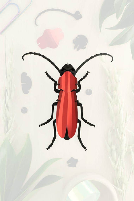 Red Paper Rosalia Beetle craft from Assembli, featuring detailed paper wings and body on a transparent background.
