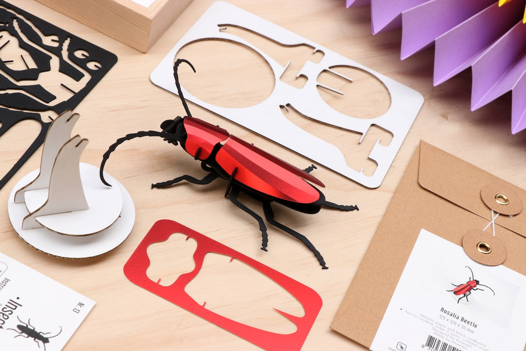 Assembli Paper Rosalia Beetle craft, detailed paper art featuring a colorful beetle with intricate folded wings and body.