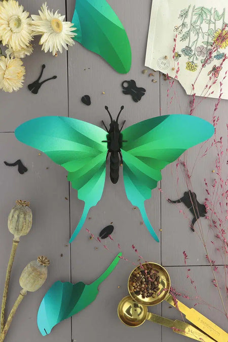 Green Paper Swordtail Butterfly craft by Assembli, showcasing detailed paper wings and vibrant colors for DIY art projects.