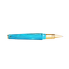 Visconti Mirage Mythos Athena rollerball pen with intricate gold and blue design on smooth, glossy surface.