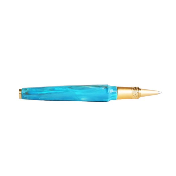 Visconti Mirage Mythos Athena rollerball pen with intricate gold and blue design on smooth, glossy surface.